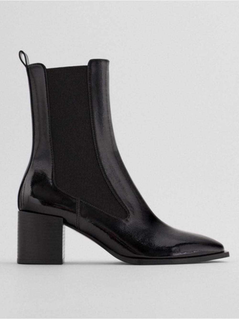 Zara Black Patent Chelsea Ankle Boot with Block Heel